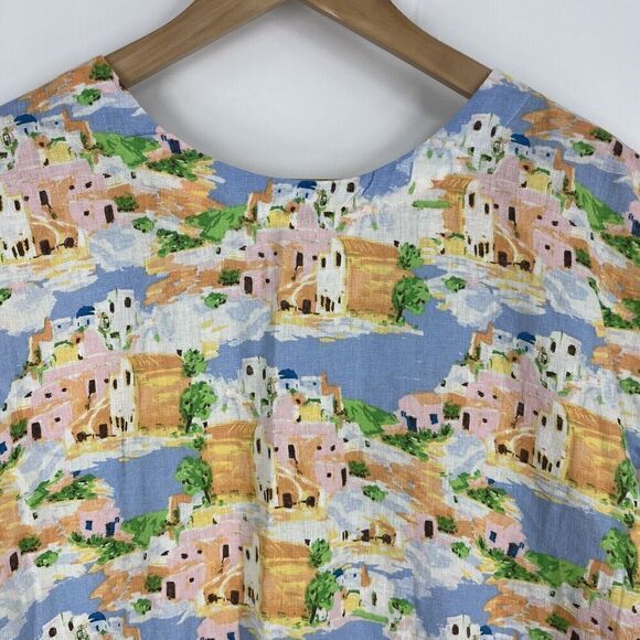 Cynthia Rowley Top Size Medium Linen Greek Island Print Short Sleeve Button Back - Picture 2 of 9